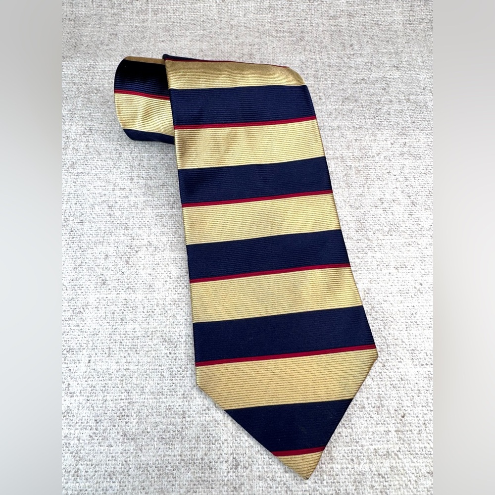 Robert Talbott silk tie striped gold, navy blue,‎ crimson red Preppy Business